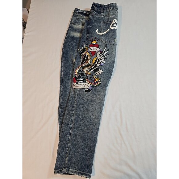 Ed Hardy Y2K Denim Jeans New York City Eagle Skull Patch Mens size 38x28 - Picture 1 of 16